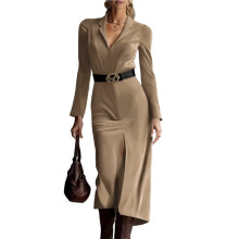 Vestido Tubinho Feminino Refinado com Cinto, Gola Mandarim e Blazer Elegante de Manga Comprida com Decote em V Damasco S