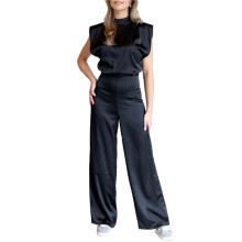 Satin-Jumpsuit mit Weitem Bein für Damen - Eleganter, Ärmelloser Cocktailparty-Jumpsuit mit Stehkragen Schwarz XS
