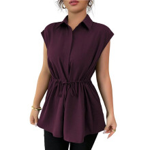 Damesblouses met Knoopsluiting, Casual Peplum Zomertopjes, Elegante Chiffon Werkblouse Donkerrood L