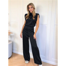 Satin Wide Leg Jumpsuits for Women - Elegant Mock Neck Sleeveless Cocktail Party Romper Black XS