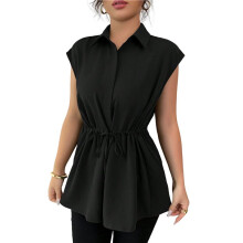 Blusas de Mujer con Botones, Blusas Casuales de Verano con Peplum, Blusas Elegantes de Gasa para el Trabajo Negro L