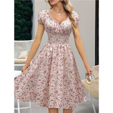 Women'S Summer Dresses V-Neck Smocked Floral Puff Short Sleeve Floral Party Dress M