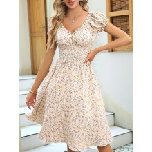 Women'S Summer Dresses V-Neck Smocked Floral Puff Short Sleeve Floral Party Dress Khaki XL