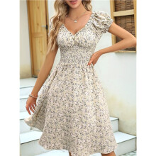 Women'S Summer Dresses V-Neck Smocked Floral Puff Short Sleeve Floral Party Dress Gray XL