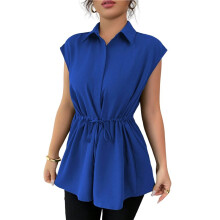 Damesblouses met Knoopsluiting, Casual Peplum Zomertopjes, Elegante Chiffon Werkblouse Blauw XXL