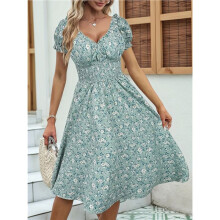 Women'S Summer Dresses V-Neck Smocked Floral Puff Short Sleeve Floral Party Dress Green L
