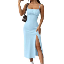 Damen-Midikleid mit Print, Spaghettiträgern, Hohem Schlitz, Ärmellos, Figurbetont, Boho-Stil, Strandkleid Himmelblau XL