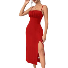 Damen-Midikleid mit Print, Spaghettiträgern, Hohem Schlitz, Ärmellos, Figurbetont, Boho-Stil, Strandkleid Rot XL
