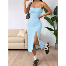 Women'S Print Spaghetti Straps Midi Dress High Slit Sleeveless Bodycon Boho Beach Party Dresses Sky L