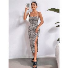 Women'S Print Spaghetti Straps Midi Dress High Slit Sleeveless Bodycon Boho Beach Party Dresses Light Leopard Print L