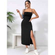 Women'S Print Spaghetti Straps Midi Dress High Slit Sleeveless Bodycon Boho Beach Party Dresses Black S