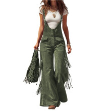 Women'S Casual Solid Color Fringe Faux Suede Adjustable Strap Wide Leg Jumpsuit Romper Green M