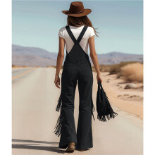 Women'S Casual Solid Color Fringe Faux Suede Adjustable Strap Wide Leg Jumpsuit Romper Black XXL