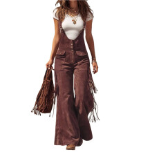 Women'S Casual Solid Color Fringe Faux Suede Adjustable Strap Wide Leg Jumpsuit Romper Deep Red L