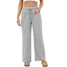 Randiga Ginghambyxor för Kvinnor 2026 Pyjamas Lounge Boxerbyxor Söta, Bekväma Pyjamasbyxor med Fickor Grå Ränder XL
