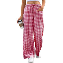 Womens Striped Gingham Pants 2026 Pajama Lounge Boxer Pants Cute Comfy PJ Bottoms with Pockets Wine Red M