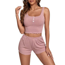 Randigt Pyjamasset för Kvinnor i Två Delar, Ärmlös Y2k-Linne och Vikbara Shorts, Loungeset, Sovplagg Rosa M