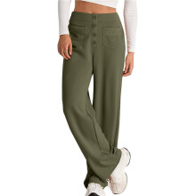 Womens High Waist Button Stretchy Pants Straight Leg Office Dress Pant Casual Trousers with Pocket Army Green L