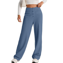 Womens High Waist Button Stretchy Pants Straight Leg Office Dress Pant Casual Trousers with Pocket Denim M