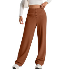 Womens High Waist Button Stretchy Pants Straight Leg Office Dress Pant Casual Trousers with Pocket Caramel Color XXXL