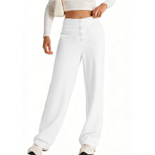 Womens High Waist Button Stretchy Pants Straight Leg Office Dress Pant Casual Trousers with Pocket White 4XL