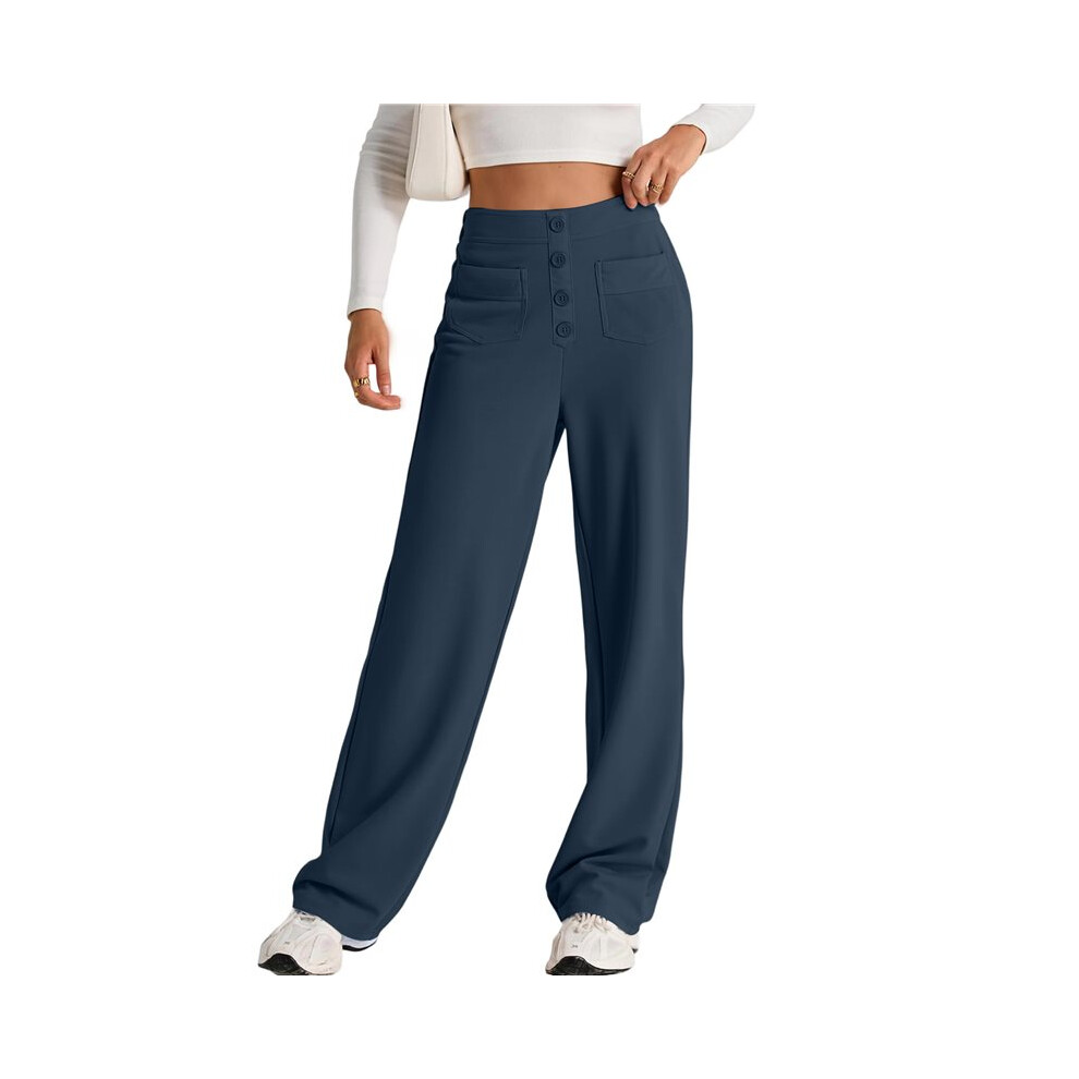 Pantaloni Da Donna Elasticizzati A Vita Alta Con Bottoni, Gamba Dritta, Pantaloni Casual Da Ufficio Con Tasca Blu Profondo 5XL
