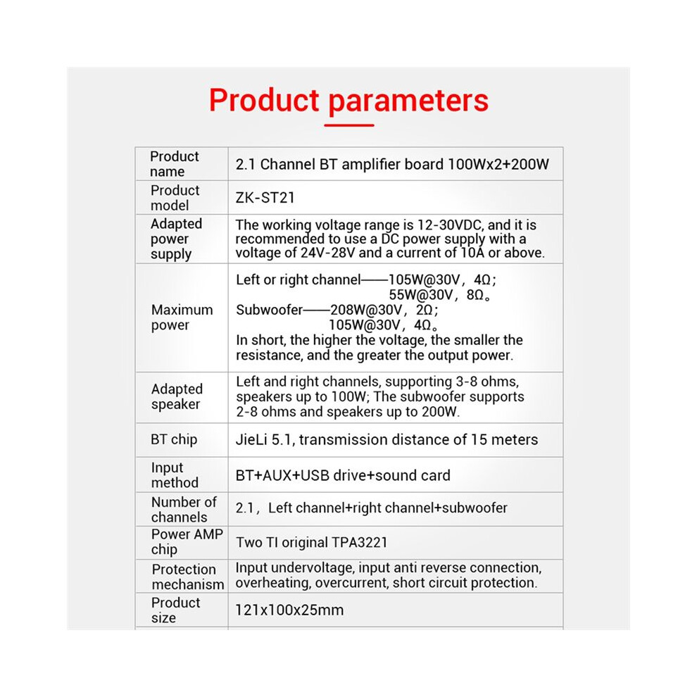 Zk-St21 Power Amplifier Board 2.1Channel 100W+100W+200W Subwoofer Tpa3221 Digital Power Amplifier Module 6033077688844