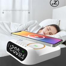 Digitaler Wecker mit Kabellosem Laden, 15 W Schnelle Kabellose Ladestation mit LED-Digitalanzeige, Temperatur,A