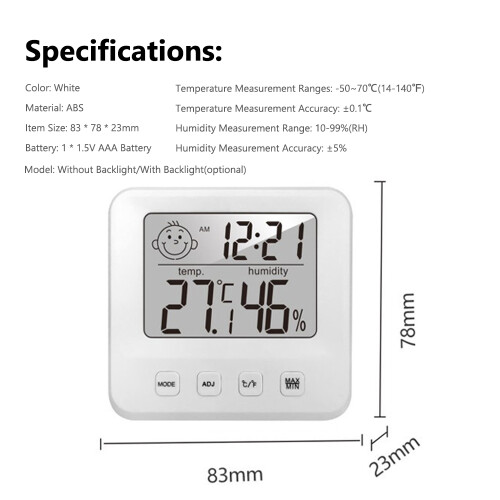 Blanco 83x78x23mm Thermo Hygro modelo 1xAAA retroiluminado 2