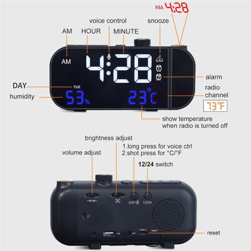 Despertador de Projeção com Rádio FM para Quarto, Relógio Digital Giratório de 270, Display LED  de 7 Polegadas, Alarmes Duplos 2