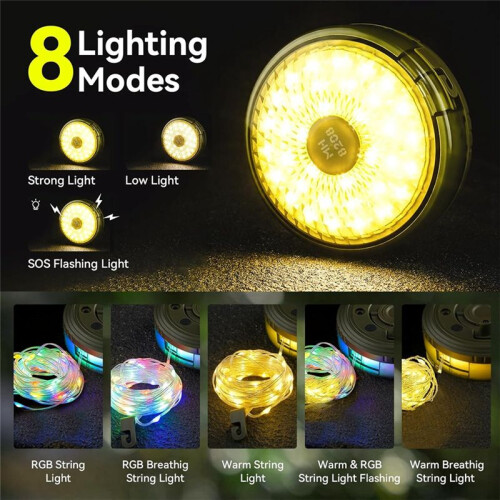 LED String Lights Camping Lantern USB Rechargeable 2 in 1 Portable Outdoor Light with 8 Lighting Modes Camping Light A 1