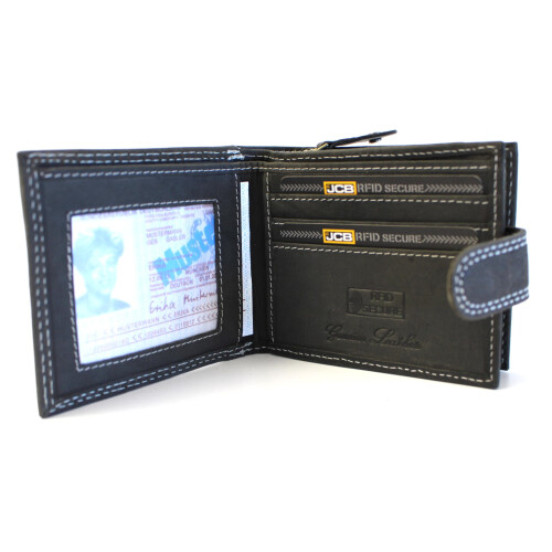 JCB JCB - Mens Genuine Leather Wallets | Tri Fold Button Close Wallet RFID Protected (Black Box, Black) 2