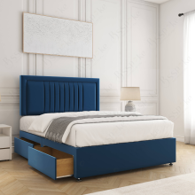 (Blue, 4ft6" Double (with Mattress))) Canes Divan Bed Plush Velvet 24” Headboard 2 Storage Drawers Mattress