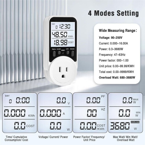 Watt Meter, Plug-in Socket Power Meter, Wide Range, Backlit Large Display, Electricity Usage Monitor US Plug 2
