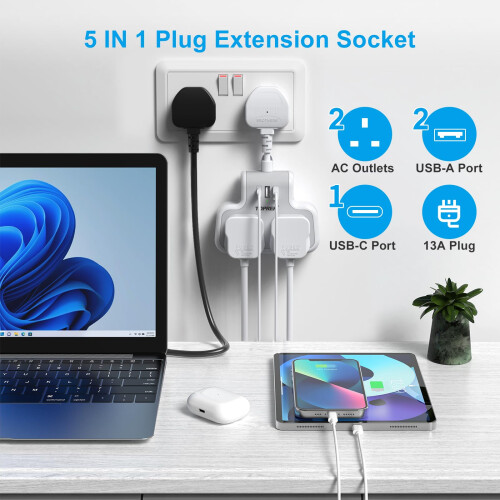 TOPREK Multi Plug Extension Socket with USB C, 6.2cm Short Extension Lead, Double Plug Sockets Compact Wall-Mounted Plug UK for Home, Office, Kitchen 1