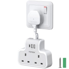 TOPREK Multi Plug Extension Socket with USB C, 6.2cm Short Extension Lead, Double Plug Sockets Compact Wall-Mounted Plug UK for Home, Office, Kitchen
