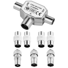 AXFEE Digital Signal Antenna Splitter, 2 Way 1 Female to 2 Male TV Aerial Coax Splitter With 7PCS TV Aerial Adapter Connector, Compatible with Cable