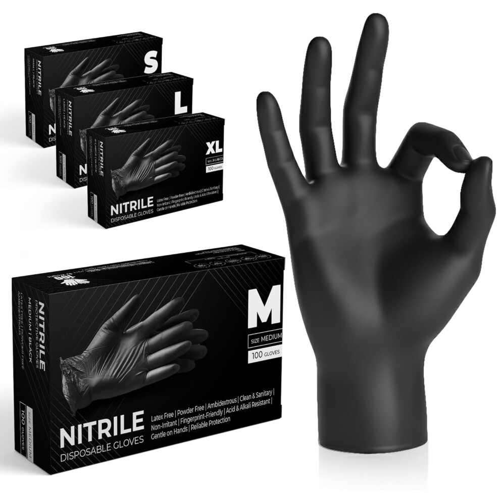 The Real Touch Black Nitrile Multi-Purpose Disposable Gloves, Powder Free, Disposable, Extra Strong - Box Of 1000 (, Med)