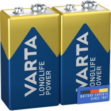 VARTA Longlife Power 9V Block 6LR61 Alkaline E-Block Battery (2-pack) - Made in Germany - ideal for fire alarms, smoke detectors, tuners