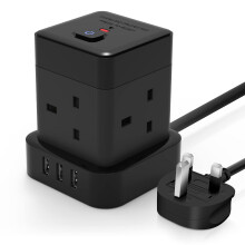 Cube Extension Lead 5M Black Baykul 4 Way Extension Plug Cable with 3 USB Ports (5V/2.4A) Power Strip Multi Plug Extension Cord for Home Office Trave