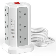 Tower Extension Lead 3M with 5 USB Slots and 20W USB C Fast Charger (13A 3250W), HAFINO 12 Way Plug Extension Tower, Surge Protected Extension Lead w