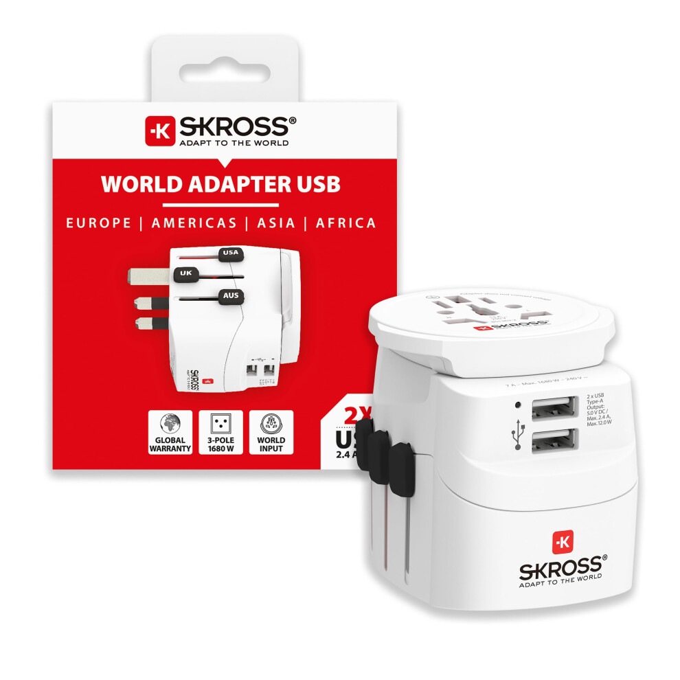 Skross Pro Usb - World Universal Travel Adapter With 2 Usb Ports, International Adapter For Uk, Eu, Usa, Aus & More Light 5005378642499