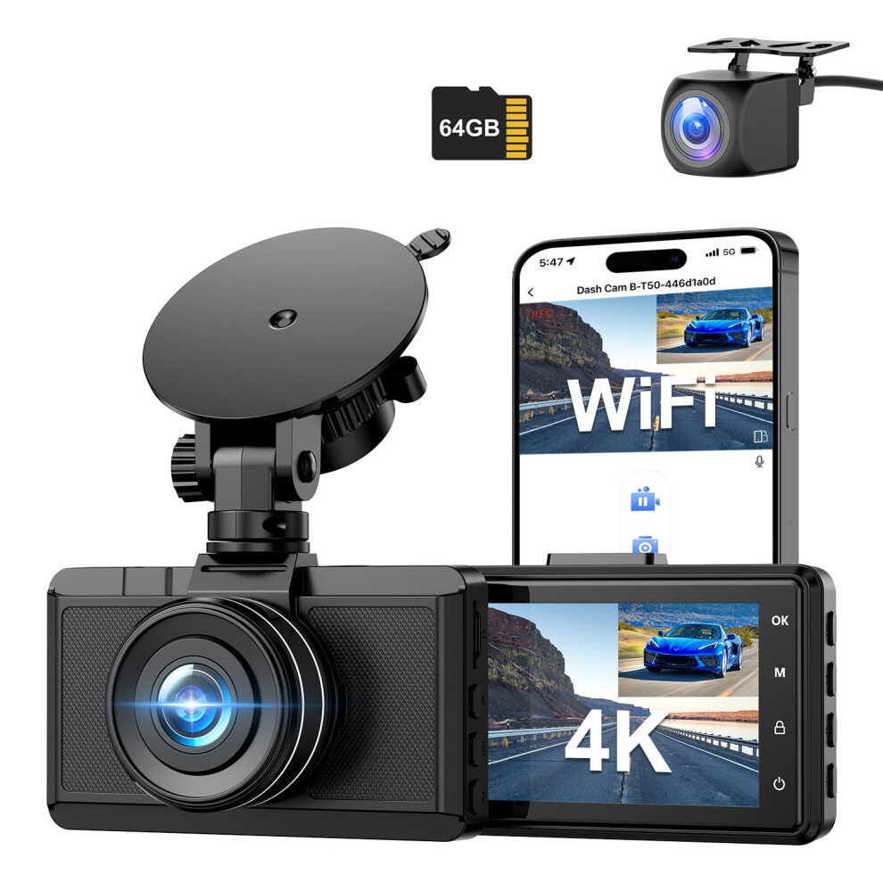 Dash Cam Front And Rear Camera, Chortau 3Inch Screen Wifi Dash Cam, Upgraded 4K+1080P Dash Camera For Cars, Dashboard Camera With Free 64Gb Card, Typ 66138020
