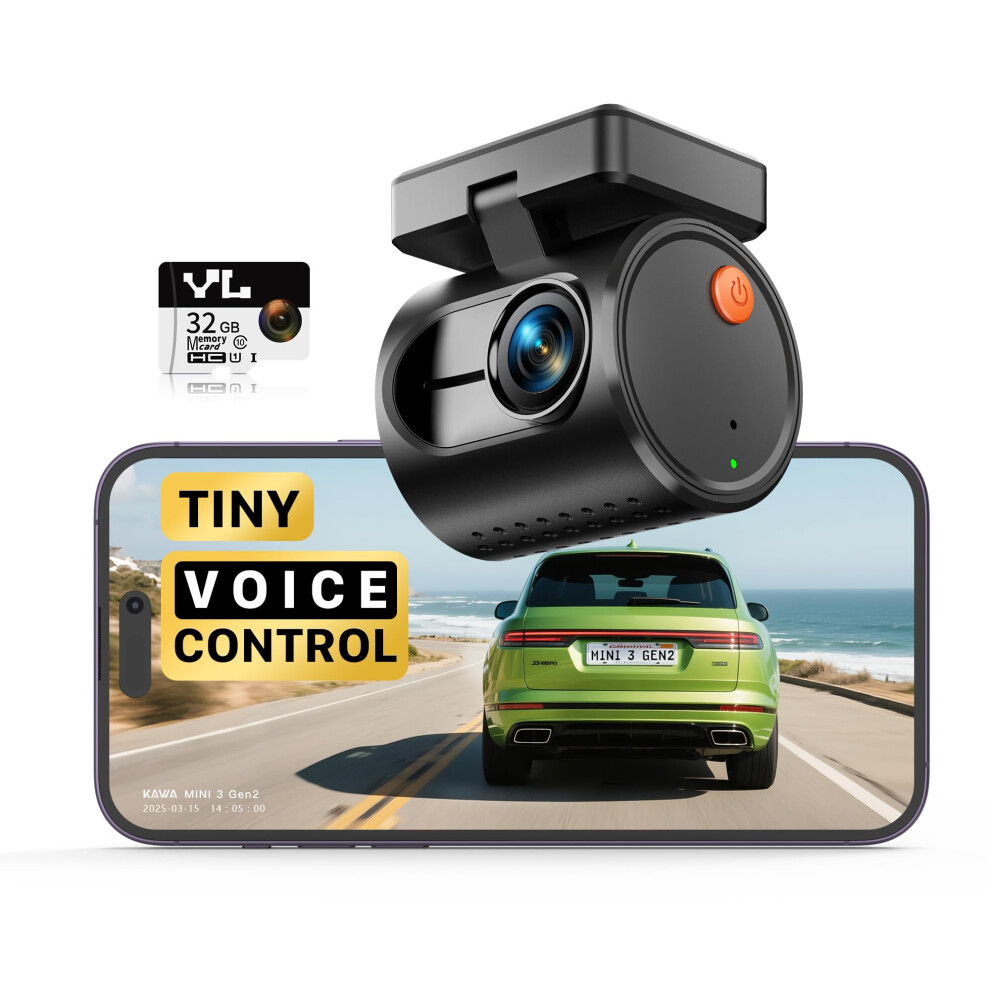 Kawa 2K Tiny Dash Cam, 1296P Qhd Mini Car Camera Dashcam - Voice Control, G -Sensor, Free 32Gb Tf Card, Built-In Wifi, App Control, Wdr/3D Dnr Wi 8675227159163