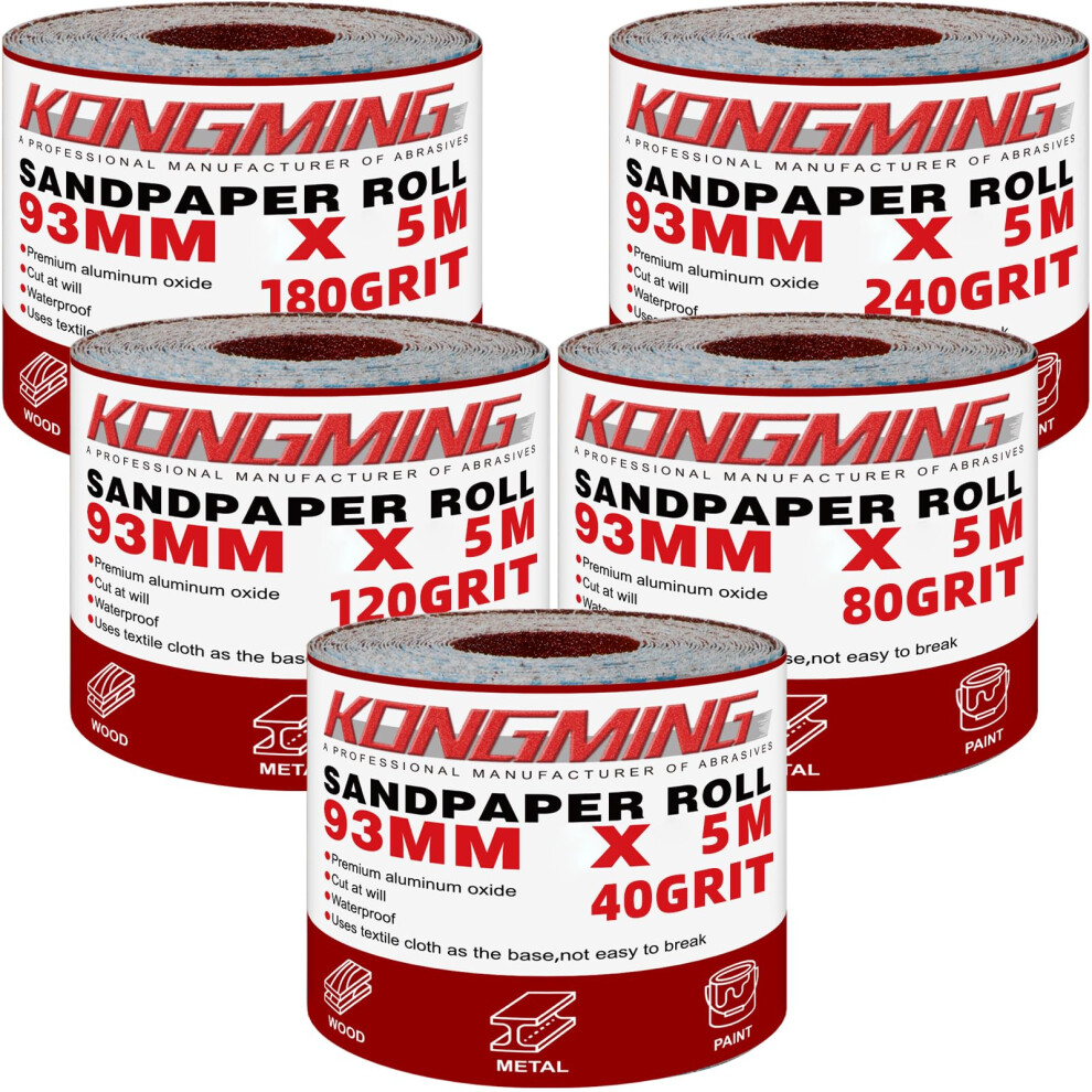 Kongming Sandpaper Roll Set 5 Rolls 5M X 93Mm Grit 40 80 120 180 240 Aluminium Oxide Abrasive For Sanding Wood Paint Plaster Filler Metal
