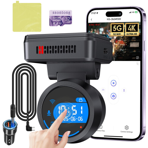 Dash Cam Front 4K with WiFi App, 1.2" IPS Touch Screen, 32GB Card