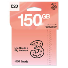 THREE 4G/5G SIM Card UK & ROAM FREE in over 70 destinations - PREPAID PAYG 20 Bundle - 150GB + (50GB FREE DATA) Unltd Texts & Mins - ROAMING ALLOWAN
