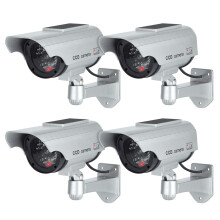 Hengu Fake Dummy Camera Home Security CCTV Solar Powered Surveillance Camera with Flashing LED Light, Outdoor Indoor Use, Bullet Shape Silver - 4 Pac