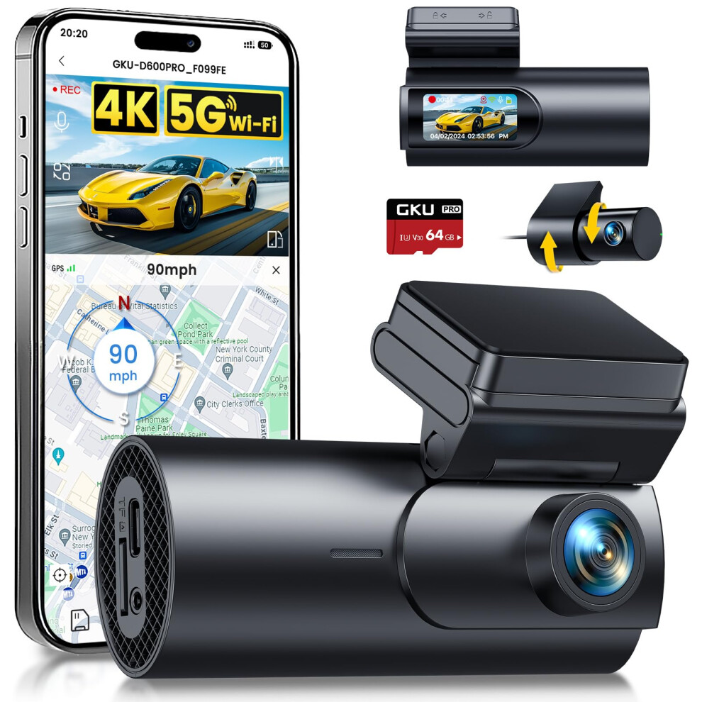 Gku 4K Dash Cam Front And Rear, 5Ghz Wifi Gps, Dual Car Camera, 1.5Â Ips Mini Dashcam For Cars With 64Gb Sd Card, 24H Parking Mode, Night Vision, Wd 5009856165326