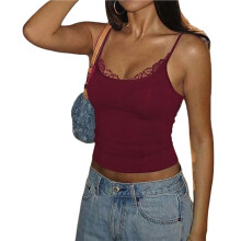 Lace Tank Tops Camisola Spaghetti Strap Club Party Shirt Wine Red L